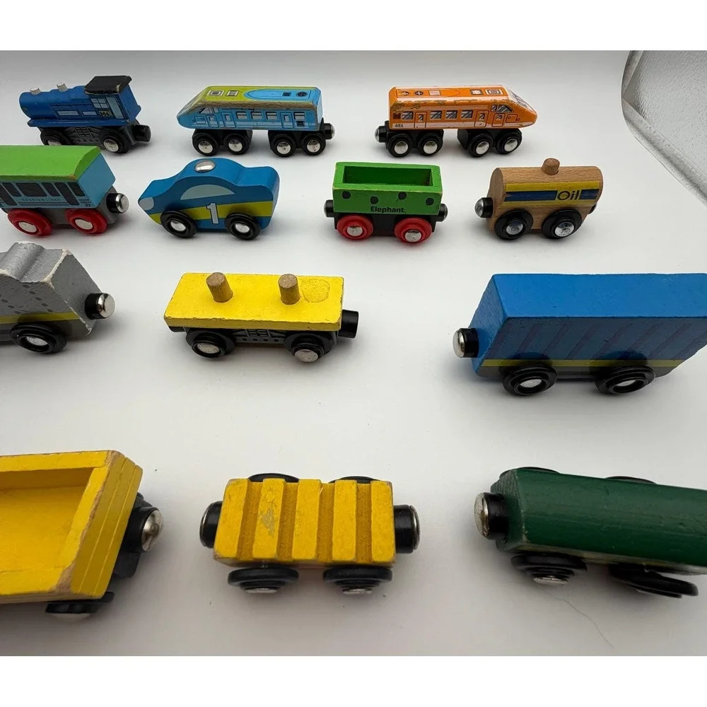 Mixed Wooden Magnetic Train Cars Lot 13pc Engines Freight Passenger Vehicles